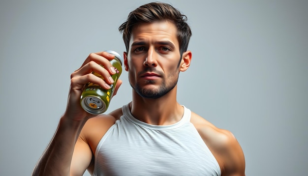 Fit man with energy drink isolated with white highlights