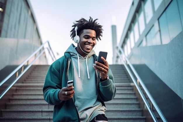 Fit sporty young black man sitting on concrete urban stairs holding phone using mobile apps listening music Strong African ethnic guy wearing headphones looking at smartphone outdoors Top view