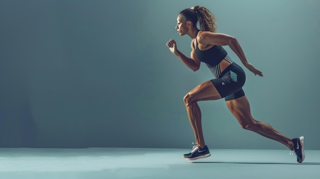 A fit woman in athletic clothing running inside a gym Showcasing strength endurance and fitness