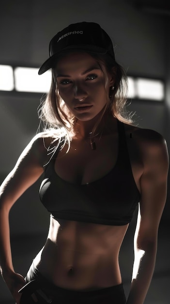 A fit woman in a black sports bra and hat showcasing her toned body