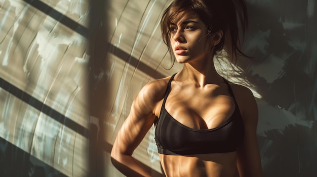 A fit woman with six pack abs poses in a black sports bra against a wall