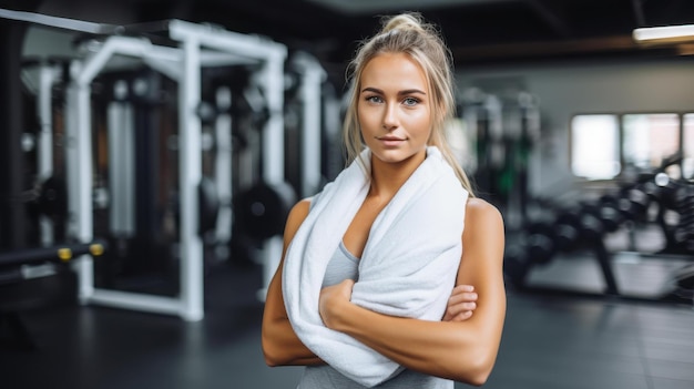 Fit woman with towel around neck in gym