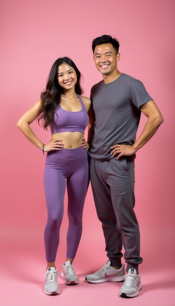 Fit Young Couple Posing Together in Athletic Clothing on Pink Background