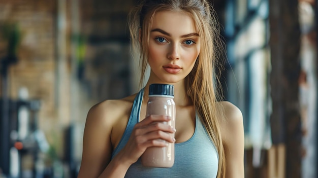 Photo fit young woman holding a bottle of protein shake indoors