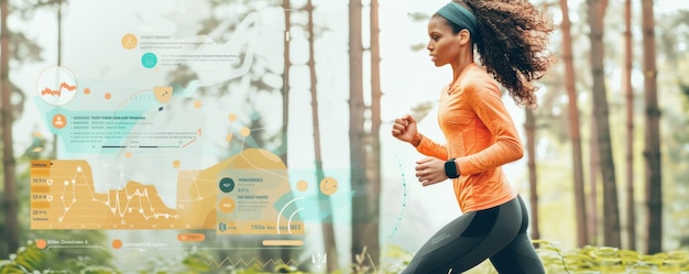 Fit young woman jogging in forest with fitness tracker and data overlay monitoring her performance