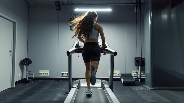 Fit young woman in sportswear running on a treadmill with others during a workout at the gym