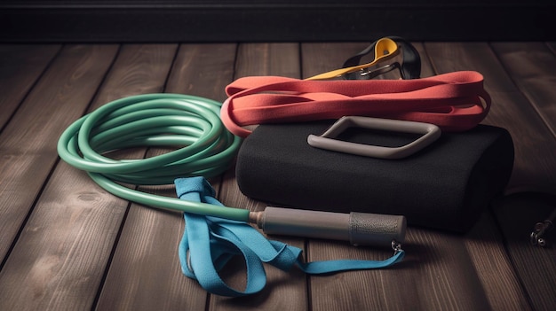 Fitness accessories like a jump rope resistance loop bands and a yoga block