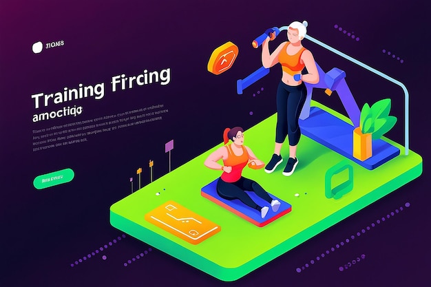 Photo fitness app training isometric landing page banner