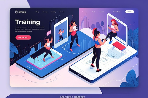 Photo fitness app training isometric landing page banner