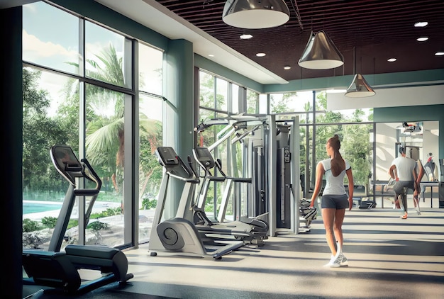 Fitness center gym in hotel and condominium for sport people workout with nature background Generative AI