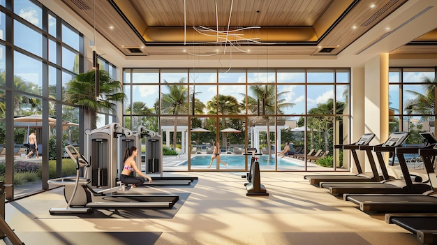 A fitness center with a view of the pool The center is equipped with treadmills ellipticals