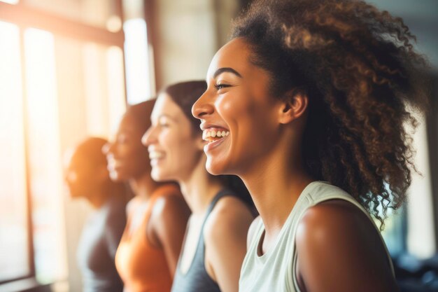 Fitness class enjoyment women in a workout group sharing laughter during a break