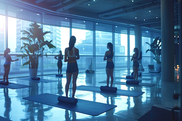 Fitness Class in Office Building with Yoga Mats