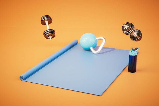 Fitness classes in the hall fitness mat dumbbells shaker on a orange background 3D render