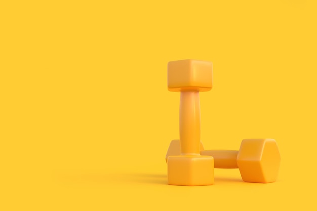 Fitness dumbbells pair Two rubber or plastic coated dumbbell weights on yellow background 3D render