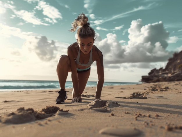 Photo a fitness enthusiast performs pushups on a sandy beach under a bright blue sky in the early