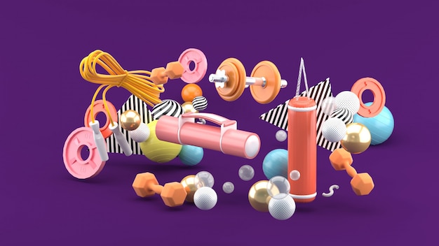 Fitness equipment amidst colorful balls on a purple space