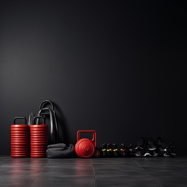 Fitness equipment on a dark background with copy space