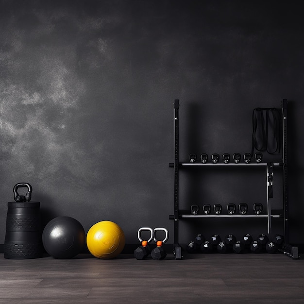 Fitness equipment on a dark background with copy space