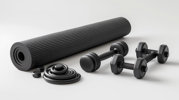 Fitness equipment with yoga mat dumbbells and resistance bands on a light background