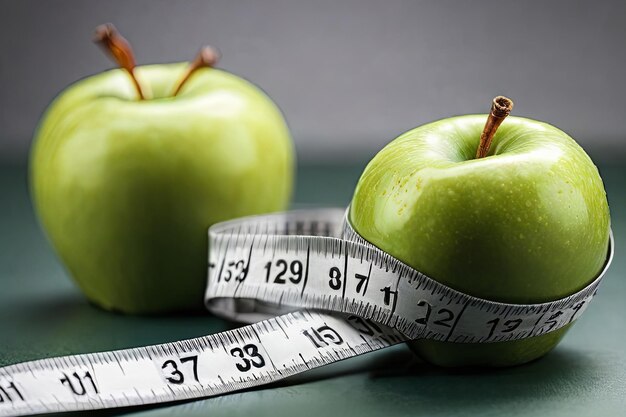 Fitness essentials Closeup of a green apple and measuring tape A healthy lifestyle concept