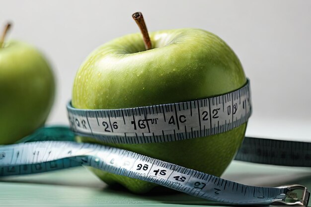 Fitness essentials Closeup of a green apple and measuring tape A healthy lifestyle concept