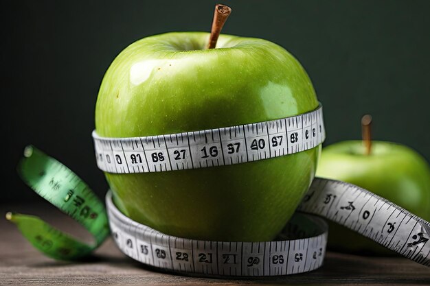 Fitness essentials Closeup of a green apple and measuring tape A healthy lifestyle concept