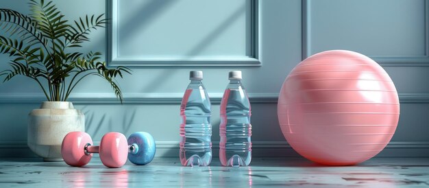 Photo fitness essentials water bottles dumbbells and a yoga ball