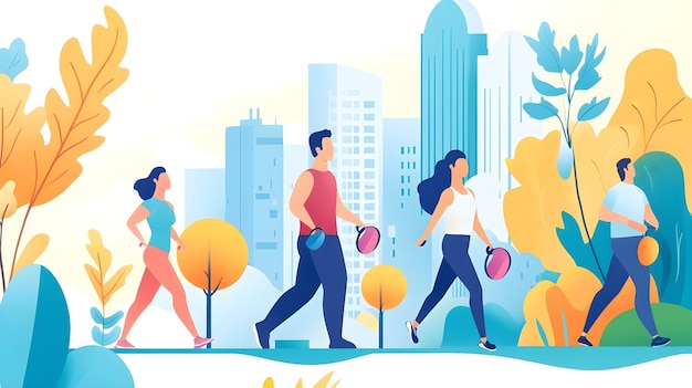 Fitness Group Walking City Park Urban Lifestyle Illustration