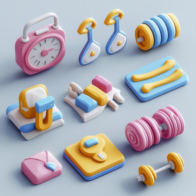 Fitness Icon Set 3D Render of Weights Timer Scale Dumbbell