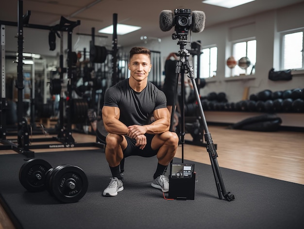 Photo fitness influencer filming workout routine at home