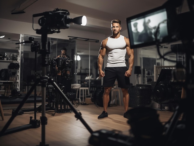 Photo fitness influencer filming workout routine at home