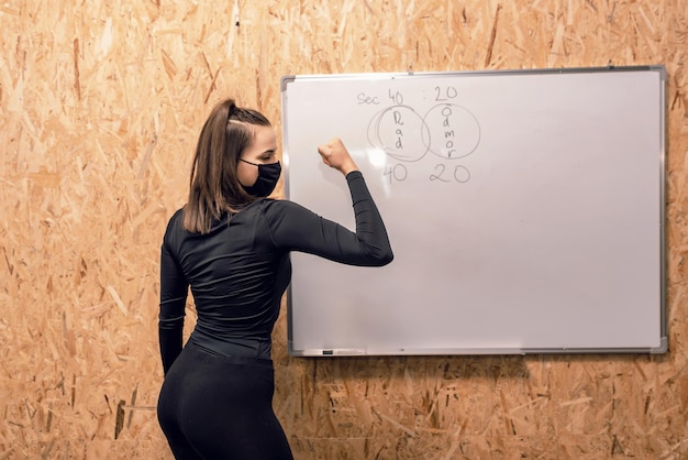 fitness instructor with a mask on her face doing online instruction.