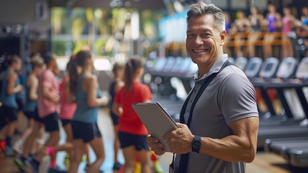 Photo fitness instructor with tablet in gym professional coaching in modern space vibrant energetic motivational atmosphere captured perfectly group exercise with happy people working out together ai