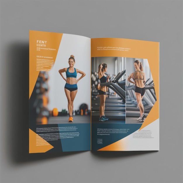 Photo fitness magazine spread with a woman in workout clothes in a gym