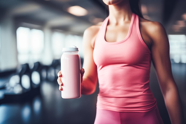 Photo fitness regimen attractive caucasian woman staying hydrated with a protein drink