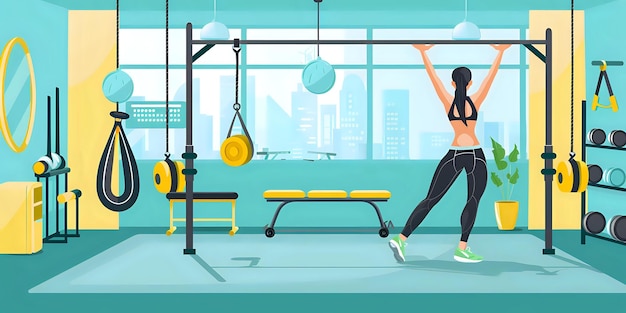 Photo a fitness scene featuring a woman exercising in a modern gym with various equipment