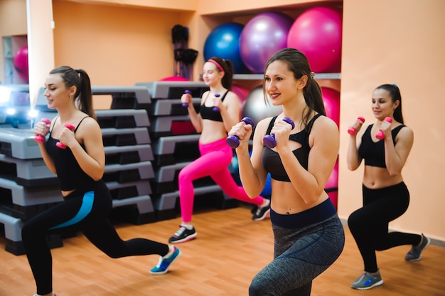 Fitness, sport, training and lifestyle concept - group of happy women with dumbbells flexing muscles in gym.