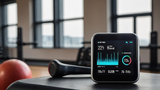 Photo fitness tracker on a gym bench with workout equipment highlighting exercise and health monitoring