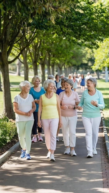 Photo fitness walking and senior women in park outdoors together for bonding exercise and relax in natu