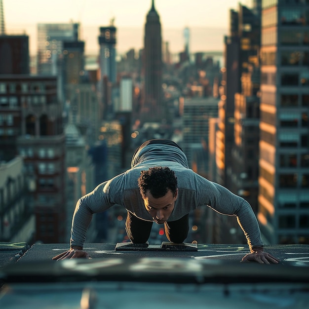 Photo fitness with a view rooftop pushups in the heart of the city