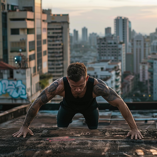 Photo fitness with a view rooftop pushups in the heart of the city