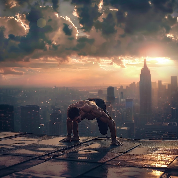 Photo fitness with a view rooftop pushups in the heart of the city