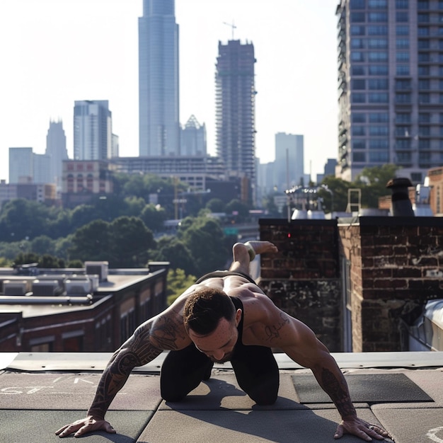 Photo fitness with a view rooftop pushups in the heart of the city