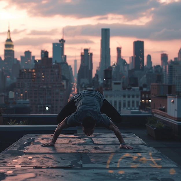 Photo fitness with a view rooftop pushups in the heart of the city