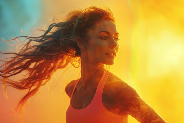 Fitness woman with flowing hair backlit by a vibrant sunset