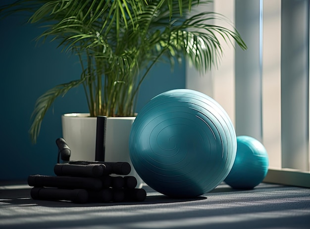 Fitness workout equipment in living room Created with Generative AI technology