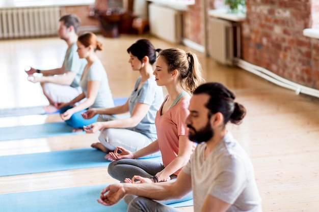 fitness, yoga and healthy lifestyle concept - group of people meditating in lotus pose at studio