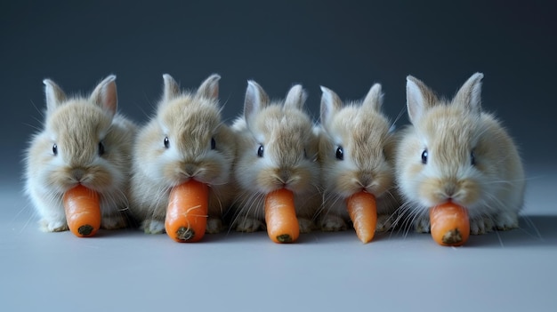 Photo five adorable bunnies enjoying a carrot snack