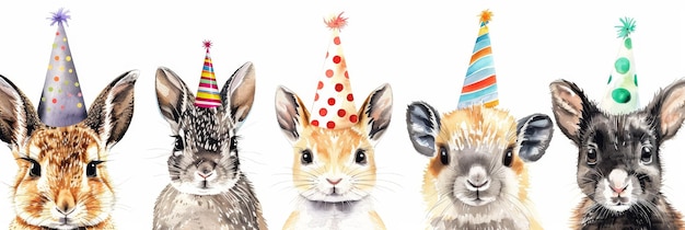 Photo five adorable bunnies in party hats animals wearing party hats hyperrealistic and cute watercolo